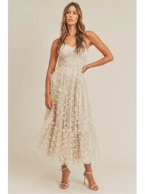 Thirty Thirty LA Ivory Butterfly 3D Applique Corset Midi Dress M Elegant Flowy
